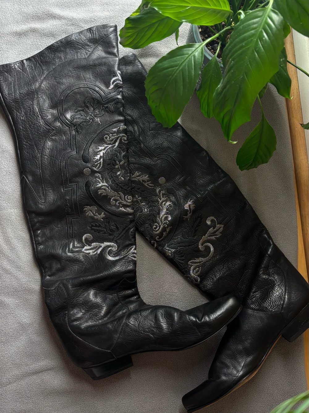 El Vaquero Vintage Over The Knee Boots Black Leather Embroidered Western Italy